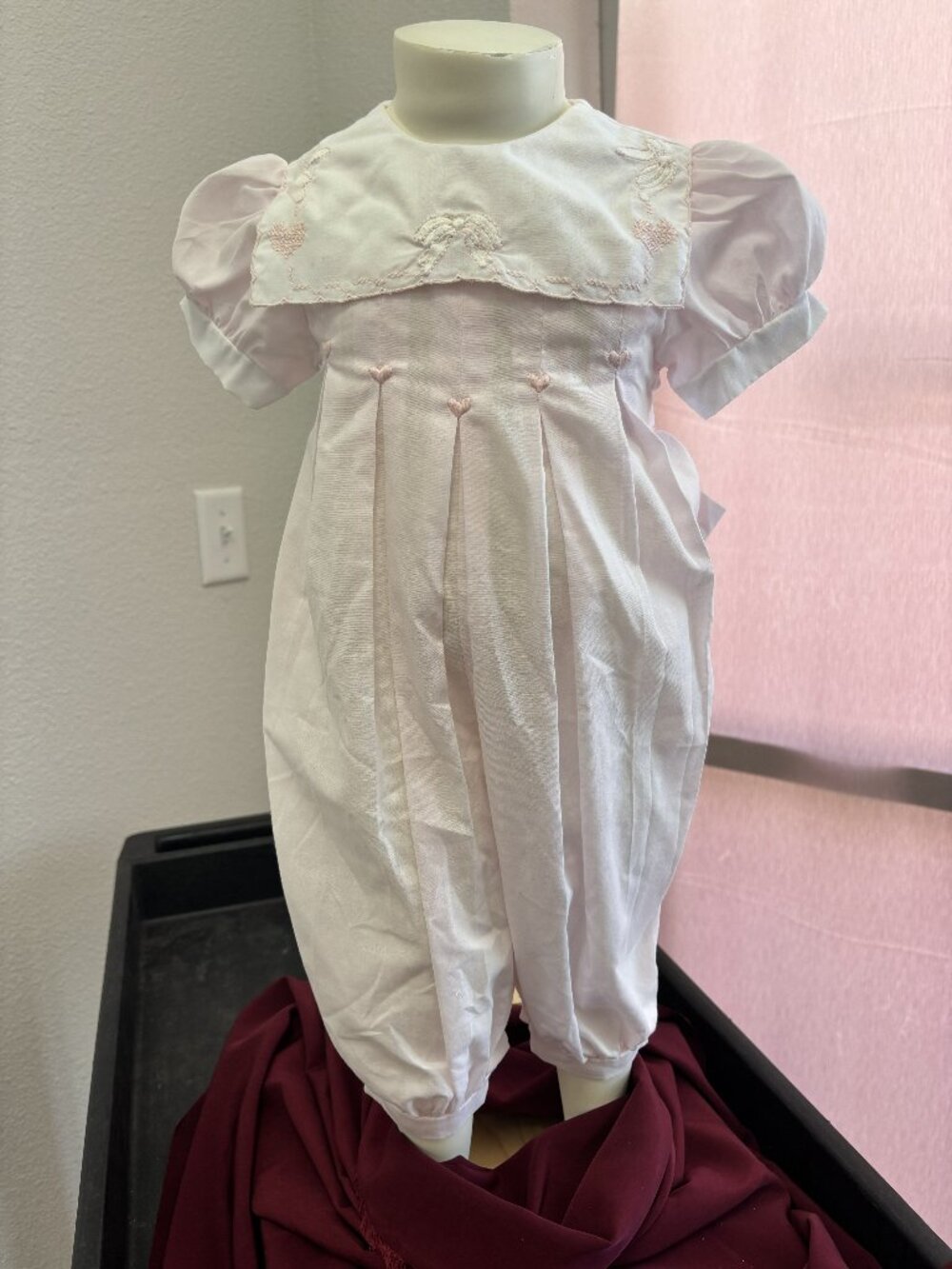 Vintage Style Pink Heirloom Bubble Romper 6M | Embroidered Bib | Baby Girl